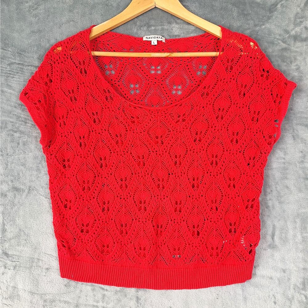 Womens Sweater Large Red Crochet Boho Cottagecore Sheer Casual Peasant‎ Cozy